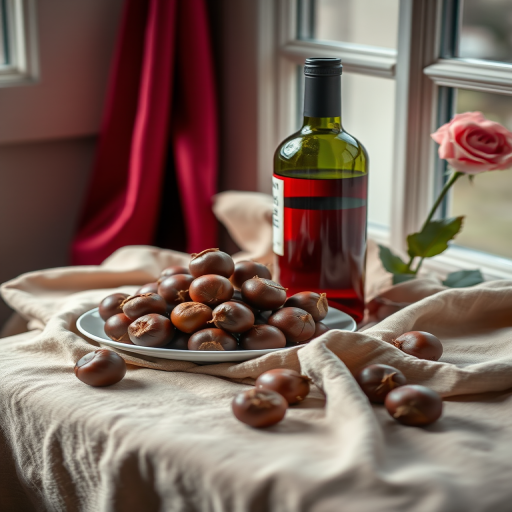 still life composition of a plate of chestnuts and a bottle of red wine on a draped fabric, natural window light, aperture f/2.8, ISO 100, 50mm lens, DSLR camera, soft focus background