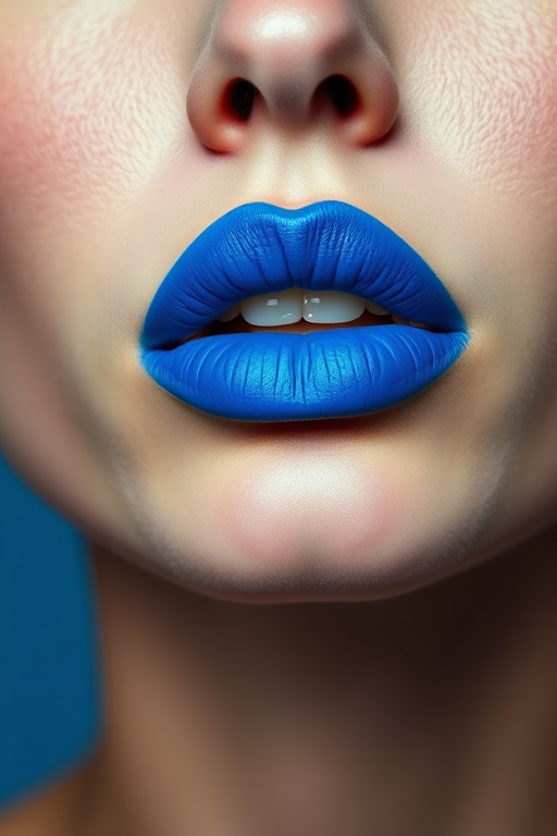 Bold electric blue lips with a matte finish, making a striking statement and showcasing confidence in unconventional beauty choices