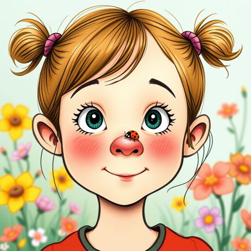 whimsical comical cartoon art Quentin Blake style, closeup portrait view of a cute girl with two ponytails in her hair, an adorable ladybug sits on her nose, funny children’s book illustration with bright colors and flowers in the background
