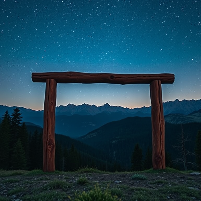 Create a serene landscape of mountains and forests under a night sky with a large wooden frame in the foreground, using a wide-angle lens, f/8 aperture, ISO 100, 1/125s shutter speed, and a Canon EOS 5D Mark IV style for high-quality detail and clarity.
