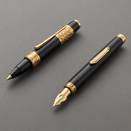 create an image of a classic fountain pen with a black body and gold accents, angled to show the nib prominently