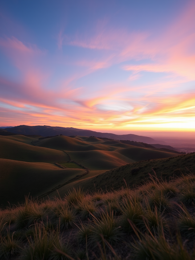 Create a high-resolution image featuring a serene landscape at sunrise, with rolling hills and a colorful sky, shot with a DSLR camera, using a 24mm lens, aperture set at f/8, shutter speed of 1/200s, ISO 100, captured from a low angle for a dramatic perspective.