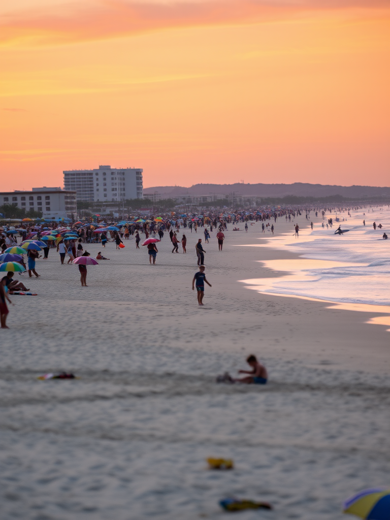 Blurry, wide-angle shot of a crowded beach at sunset, with colorful umbrellas dotting the sand, children building sandcastles, and surfers riding the soft waves, the sky painted in warm orange and pink hues.