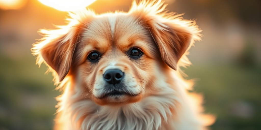 A close-up photo of a fluffy dog with a golden-brown coat, outdoors during golden hour, soft focus background, 50mm lens, aperture f/1.8, ISO 200, shot on a DSLR camera with natural lighting.