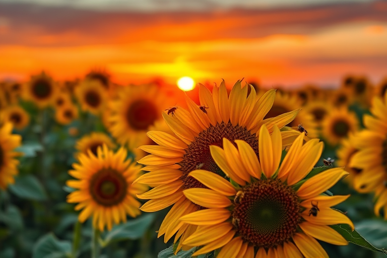 sunflower field at sunset with bees buzzing, vibrant colors, depth of field, shot with a DSLR camera, 50mm lens, f/1.8 aperture, ISO 100, 1/200s shutter speed, wide angle view, high dynamic range, rich details and textures