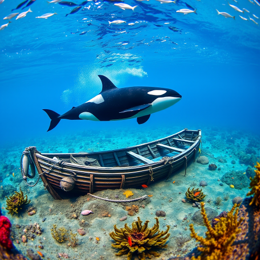 Create a vibrant underwater scene featuring an orca swimming near a sunken wooden boat on the ocean floor, with colorful marine life and vegetation, using a wide-angle lens at f/8, ISO 200, 1/125 sec, shot with a DSLR camera to enhance detail and clarity.