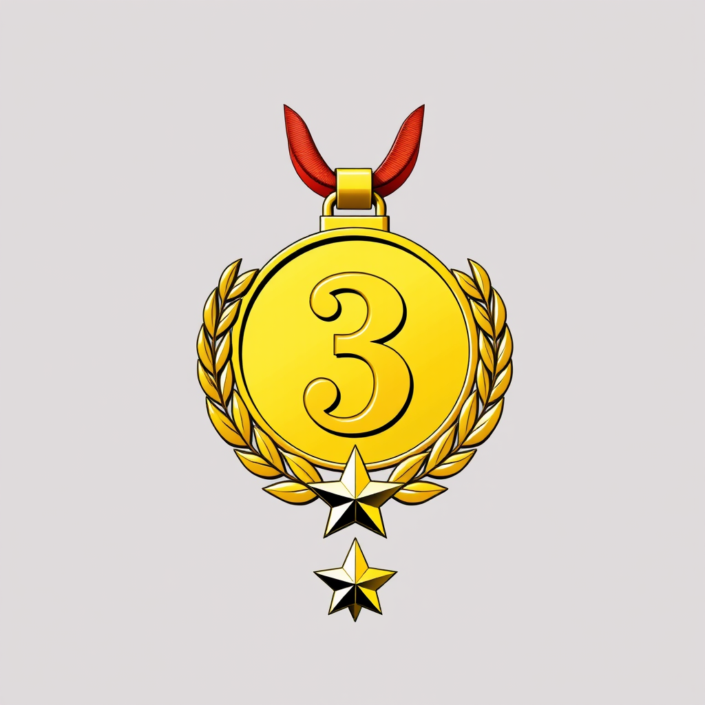 Create a high-resolution illustration of a gold medal with the number three prominently displayed in the center, encircled by laurel leaves, featuring a star at the bottom, using a DSLR camera with a 50mm lens, aperture set to f/2.8, ISO 100, and natural lighting for optimal detail and color vibrancy.
