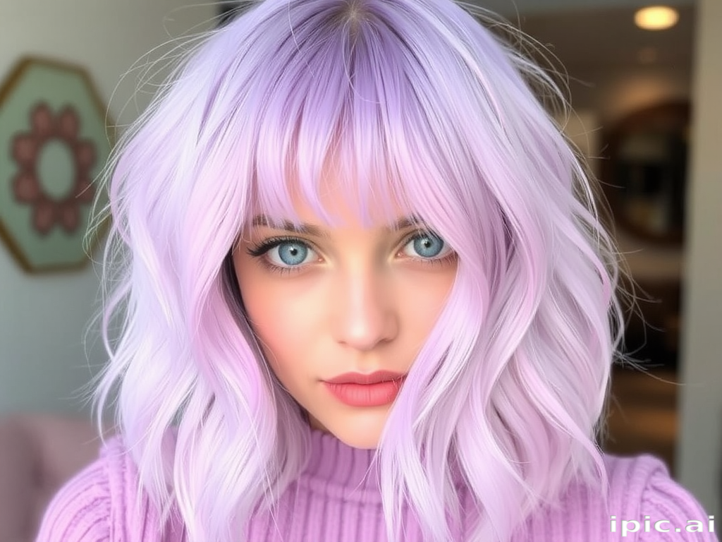 Pastel lavender bob with soft pink undertones, Whisper's hair embodies delicate femininity, featuring gentle waves and wispy bangs that frame the face in a dreamy, romantic manner