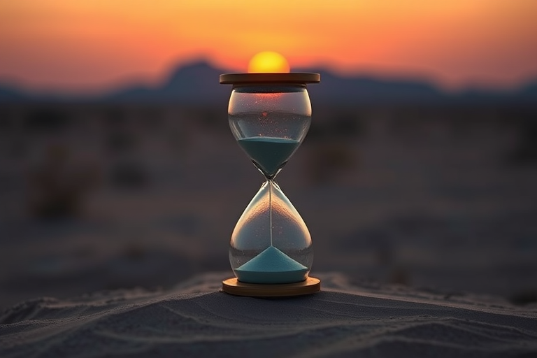 Create an abstract image of an hourglass in a vast desert landscape at sunset, with soft focus and high dynamic range, using a DSLR camera with a 50mm lens, aperture f/1.8, ISO 100, and shutter speed 1/125s.