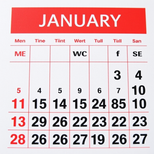 Create a high-resolution image of a January calendar page with a red header, displaying the days of the week in bold black numbers, shot from a top-down view using a DSLR camera with a 50mm lens, aperture set to f/2.8, ISO 100, and natural lighting for enhanced detail and clarity.