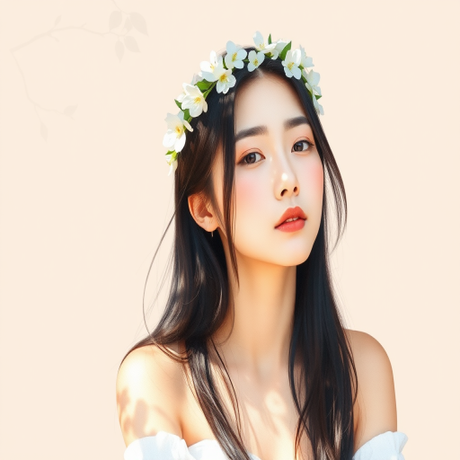 create a watercolor painting of an ethereal portrait of beautiful Korean woman with a simple white flower crown on her head. Her hair is long and she is lying on the ground. The sunlight on the trees casts shadows from the leaves on her face and body. The background is a neutral brown color that matches her skin tone. The image is minimalist and solid colors. This style is characterized by soft, delicate brushstrokes and a light, airy, contrasting color palette. High level of detail and play of light