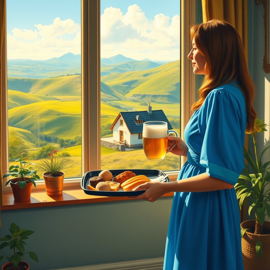 In "A Glass of Beer on the Highland," a serene scene is depicted in a sunlit room where a woman in a vibrant blue dress stands by a large window. She holds a tray with a hearty meal and a frothy glass of beer, embodying a moment of relaxation. Outside, the breathtaking highland landscape features rolling green hills and a charming traditional house, all bathed in warm afternoon light. The interior is adorned with potted plants, creating a harmonious blend of comfort and nature. The painting beautifully captures the tranquility and joy found in simple pleasures amidst stunning scenery