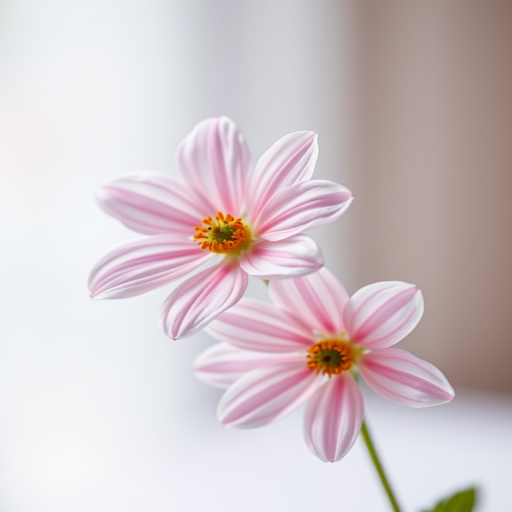 Capture a high-resolution image of two elegant flowers with a soft-focus background, aperture f/2.8, shutter speed 1/200s, ISO 100, macro lens, and vibrant color enhancement, highlighting delicate details and textures.