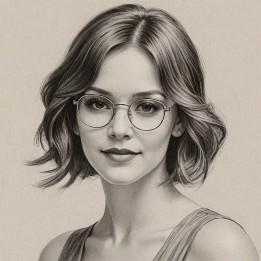 Wonderful Katherine McPhee, pencil sketch, portrait of Graceful woman 1925s in glasses, hair style beatnik, outline, clear lines, fine lines, 8k