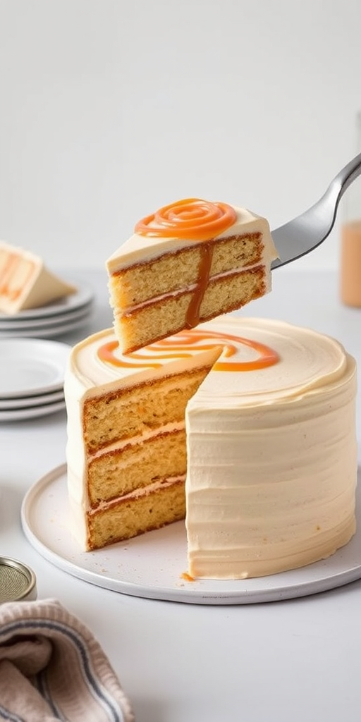A beautifully decorated layer cake with a smooth frosting and a swirl of caramel on top, one slice is being lifted with a cake server, the background is light and minimalistic, featuring a few plates and a bottle, creating an inviting dessert scene.