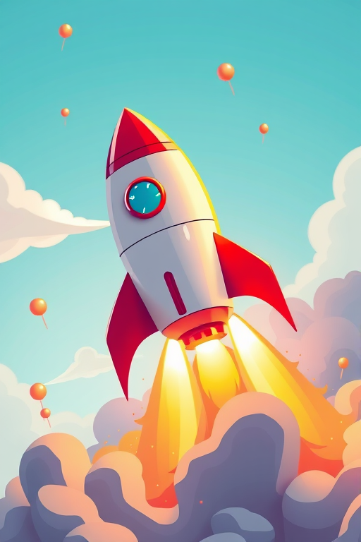 Create a high-resolution illustration of a cartoon rocket launching with bright flames, captured in 4K resolution using a DSLR camera with a 50mm lens, f/2.8 aperture, ISO 100, and a slight overhead view to emphasize the dynamic motion.