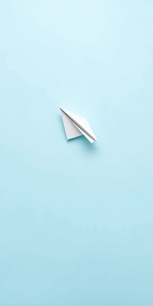 a minimalist design of a paper airplane launching into the sky, with a light blue background, enhanced with soft shadows and a dynamic motion effect, captured with a DSLR camera at f/4, ISO 100, 1/250 sec, wide-angle lens, top-down view for depth and clarity