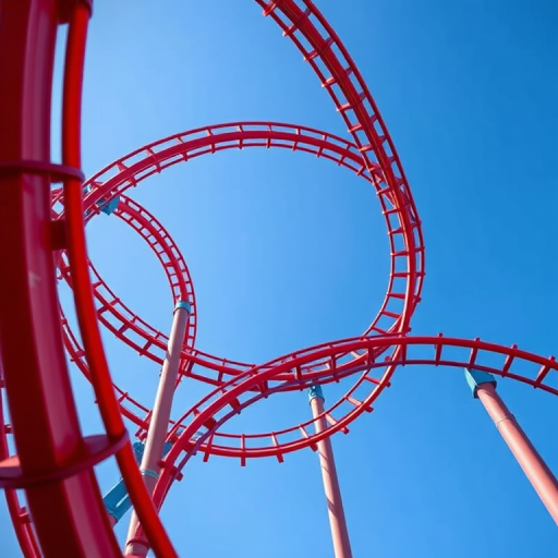 Generate a high-resolution image of a roller coaster with intricate red and blue tracks in a twisting loop design, shot with a Canon EOS 5D Mark IV at f/8, ISO 100, 24mm wide-angle lens, with a slight upward angle to emphasize the loops against a clear blue sky.