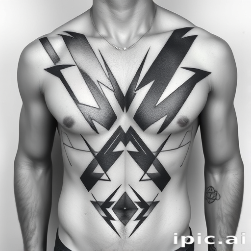 Bold geometric body tattoo covering the entire chest and abdomen, incorporating sharp lines and abstract shapes in monochromatic grayscale tones