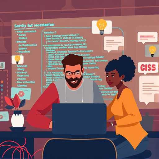 Create an illustration of three diverse individuals collaborating on a digital interface with programming elements, incorporating elements like lightbulbs and chat bubbles, captured in a flat design style, using a Canon EOS R5 with a 50mm lens, f/2.8 aperture, ISO 100, and warm lighting to enhance colors and contrast.