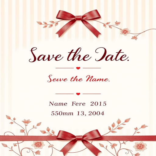 Create a romantic engagement save-the-date card with an elegant cream background featuring soft stripes, floral patterns, and a ribbon accent, include placeholder text for names and date, shot on a DSLR camera with a 50mm lens, aperture f/2.8, ISO 200, natural light, and shallow depth of field for a soft focus effect.