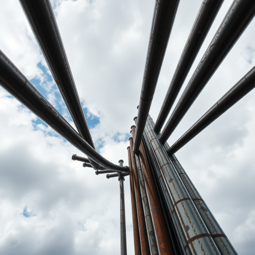 Regenerate an image of metallic poles arranged in a spiral formation against a cloudy sky, taken with a DSLR camera at f/8 aperture, ISO 100, 1/500 sec shutter speed, using a wide-angle lens from a low-angle perspective to enhance depth and detail.