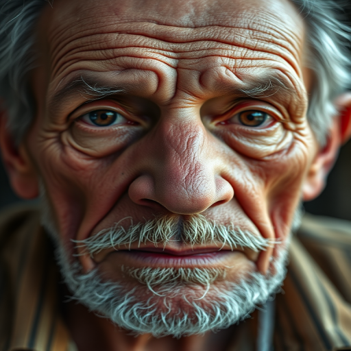 portrait of an elderly man with deep wrinkles and striking features, soft watercolor style, high resolution, 50mm lens, f/1.8 aperture, natural light, shallow depth of field, Canon EOS R5
