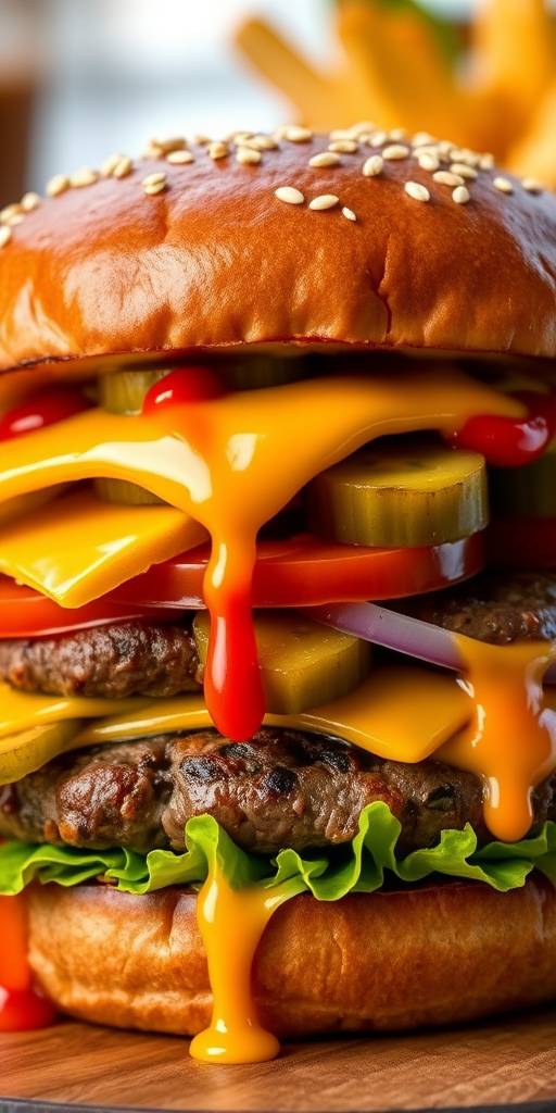 High-resolution, close-up image of a gourmet double cheeseburger. The burger features a glossy, sesame-seed-topped brioche bun. Inside, there are two thick, juicy beef patties, each topped with melted cheddar cheese. The burger is garnished with fresh lettuce, tomato slices, diced onions, and pickles. A generous amount of ketchup and a creamy, orange-colored sauce is dripping down the sides, adding to the mouth-watering appeal. In the background, there are blurred elements including a side of golden French fries and a hint of a beverage, enhancing the overall presentation of a delicious meal.