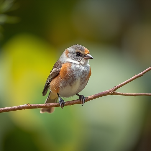 A close-up shot of a small bird perched on a branch with soft blurred background, using a DSLR camera with a 50mm lens, aperture set to f/2.8, shutter speed at 1/200s, ISO 400, natural lighting.