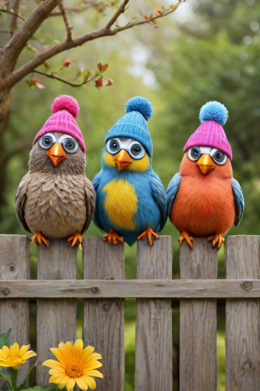 create a scene of 4 quirky  whimsical colourful comical birds each with a funny expression. they are sat on a wooden fence with colourful flowers. they are all different sizes. each one is a different colour  one is wearing a woolly hat. Each one has a different quirky google expression and there is a muted background of trees watercolour paintierly style high definition 8k resolution 3D paper mache