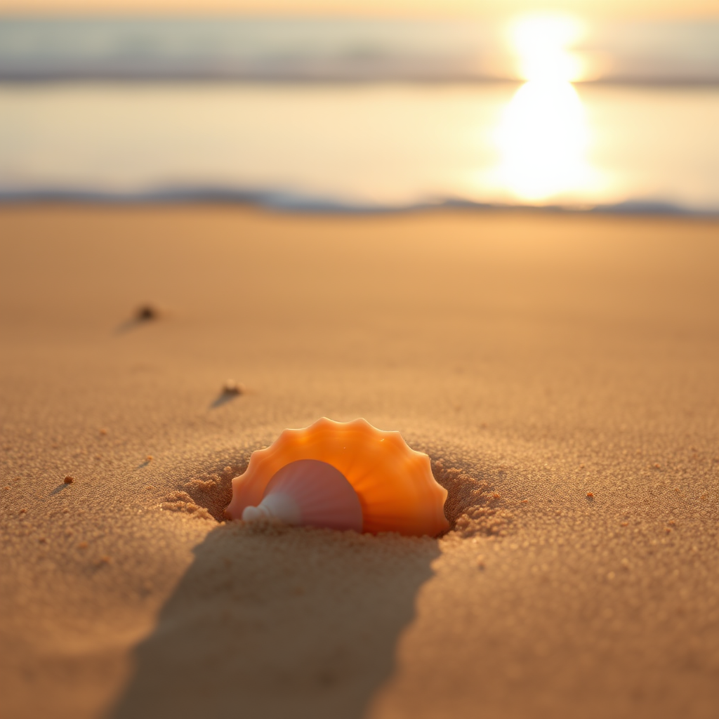 Softly focused close-up of a seashell half-buried in the sand on a quiet beach, soft golden light from the setting sun reflecting off the ocean, with distant waves gently lapping at the shore in the background.