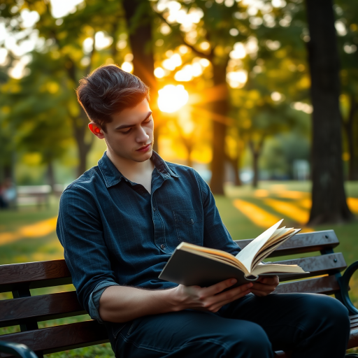 Young man reading a book on a park bench with sunlight filtering through trees, shallow depth of field, golden hour lighting, DSLR camera, aperture f/2.8, ISO 100, 50mm lens, soft bokeh effect.