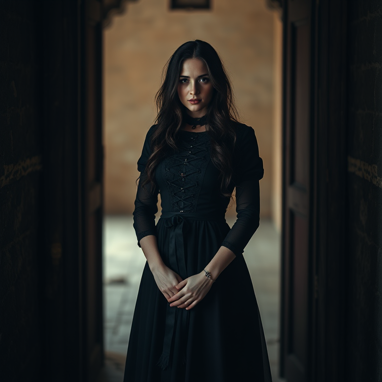 portrait of a woman in a dark gothic dress standing in a rustic doorway, soft diffused light, shallow depth of field, ISO 100, f/2.8, 85mm lens, DSLR camera, high dynamic range, moody atmosphere