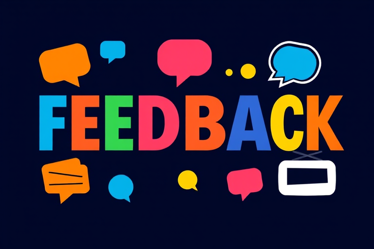 Create a vibrant and colorful graphic featuring the word FEEDBACK in bold letters with varying speech bubble designs around it, use a Canon EOS R5 camera with a 50mm f/1.2 lens, set ISO to 100, aperture at f/2.8, shutter speed 1/200s, and a bright, well-lit background to enhance image quality.