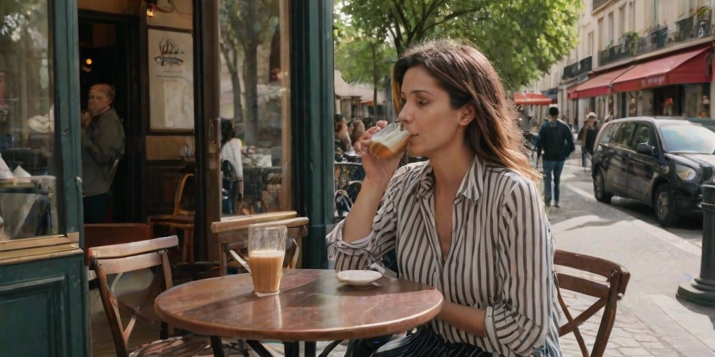 Cafe terrace on a Parisian street, with the Eiffel Tower visible in the distance, a woman in a striped shirt sips espresso, people-watching from her small round table.