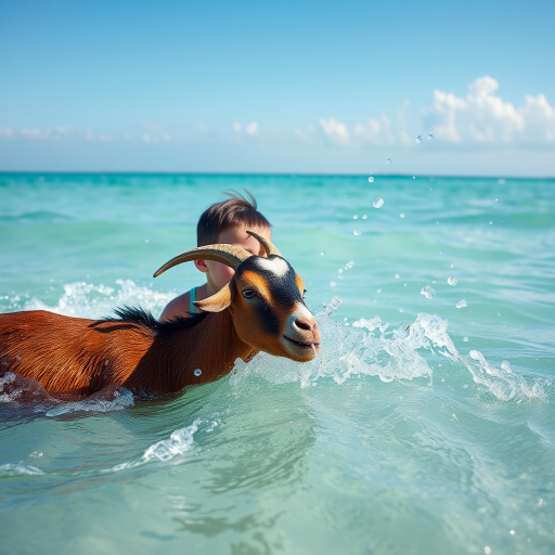 Create a vibrant image of a young person playing in the ocean with a goat, capturing the joyful interaction between them, shot with a Canon EOS R5 at 24mm f/2.8, ISO 200, fast shutter speed for clear action, using a low-angle perspective to emphasize the splashing water and sunny atmosphere.