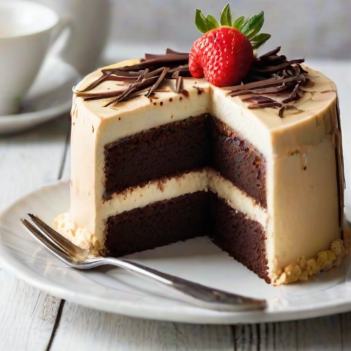 Generate an image of a slice of cake that is half vanilla and half chocolate. The cake should be displayed on a simple white plate, and the background should be a wooden table. The texture of the cake should be visible, showcasing the fluffy vanilla and dense chocolate layers.