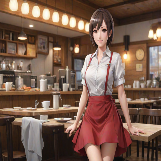 masterpiece, best quality, absurdres, unity 8k wallpaper, official art, official style, source_anime, uncensored, game cg, megami magazine, AMSC, waitress, 1girl, solo, menu, restaurant, name tag, indoors, chair, skirt, blurry, shirt, short hair, holding, table, white shirt, apron, looking at viewer, smile, cafe, red skirt, red apron