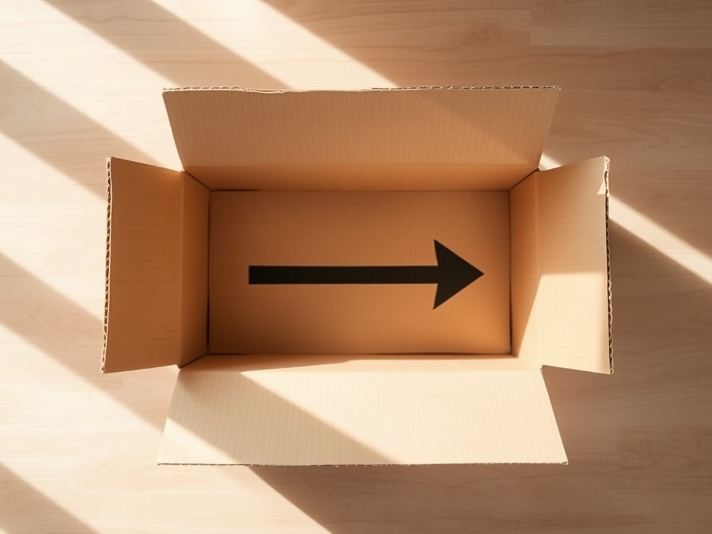 Create a high-resolution image of an open box with an arrow pointing outward, captured with a DSLR camera at f/2.8 aperture, ISO 100, 50mm lens, top-down view, in soft natural light for enhanced clarity and detail.