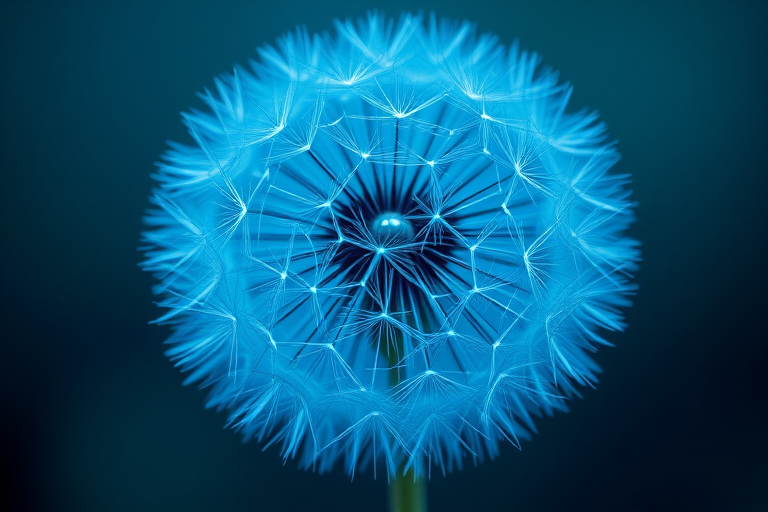 Create a highly detailed 3D render of a glowing blue dandelion seed head with intricate textures, using a Canon EOS R5 with a 85mm f/1.2 lens, aperture set to f/8, ISO 100, and a soft focus background, shot in a studio setting with controlled lighting for maximum clarity and vibrancy.