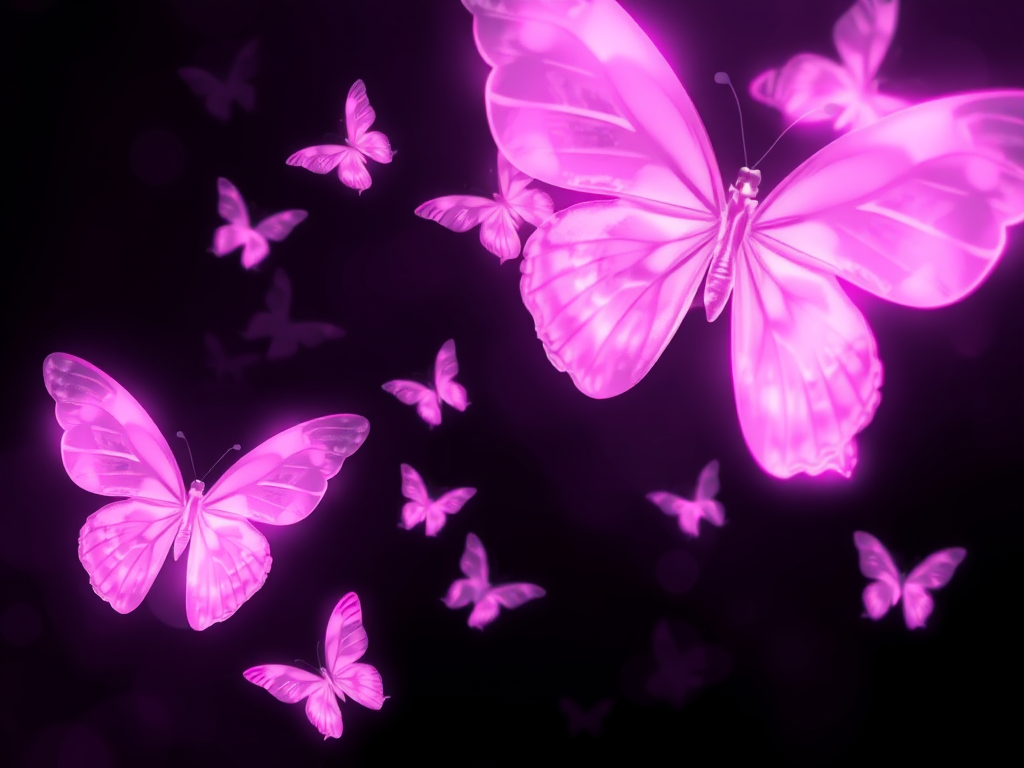 Generate an image of ethereal butterflies in shades of pink and purple, floating gracefully against a dark background. The butterflies should have a translucent quality, with a gentle glow emanating from their wings, creating a serene and magical atmosphere.