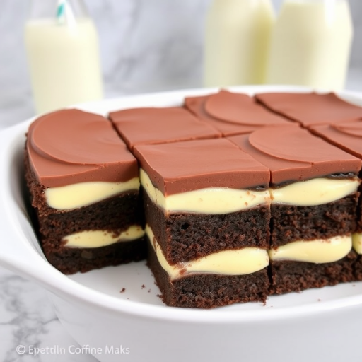 A delicious layered dessert with a smooth chocolate mousse topping over rich chocolate cake and creamy vanilla filling cut into squares served in a white dish with a marble background and milk bottles in the background.