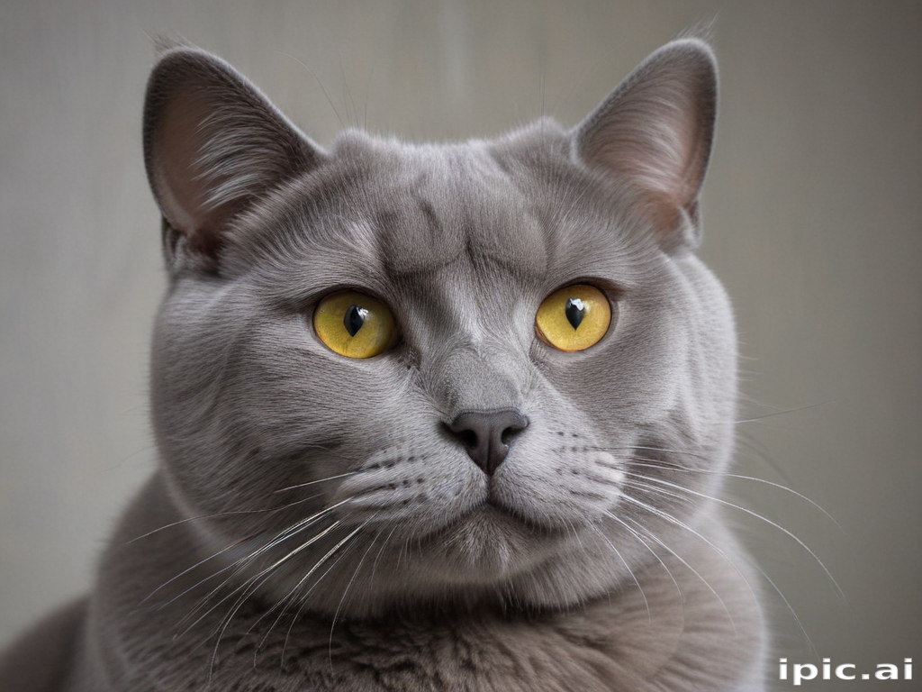 A Majestic Gray Cat with Striking Yellow Eyes Posing Elegantly.