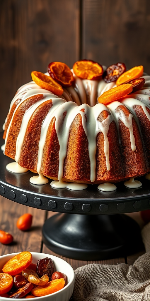 Create an image of a beautifully decorated bundt cake with a glossy icing drizzle and topped with colorful dried fruit slices including oranges and apricots placed on a dark round cake stand with a rustic wooden background and a small bowl of additional dried fruit in the foreground.