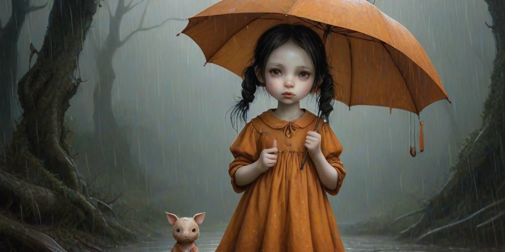 An eerie, weird little girl with dark hair in thin pigtails, wearing a smock dress, standing in the rain, holding a dirty orange umbrella, a small, odd creature beside her. In a surreal style inspired by Nicoletta Ceccoli and Brian Froud. Dark fantasy themes