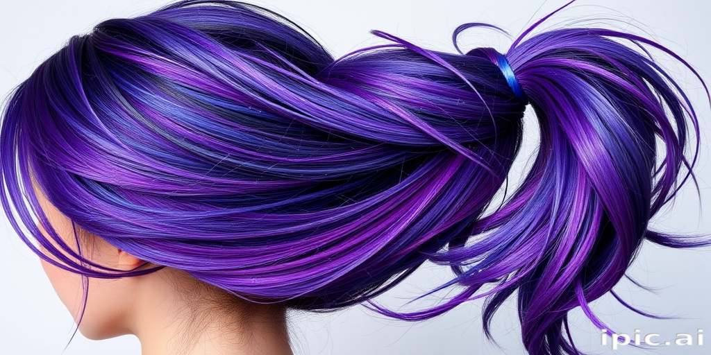 Cosmic galaxy hair featuring a swirling blend of deep purples, blues, and pinks with glittering silver accents, styled in a sleek high ponytail