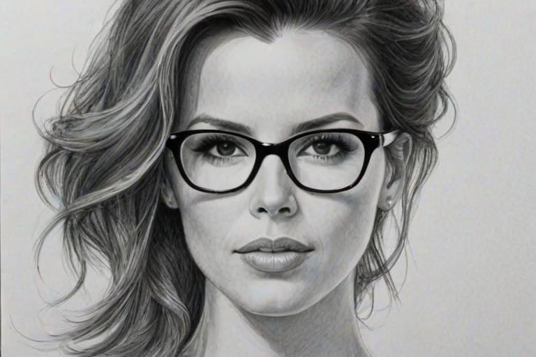 Beauteous Kate Beckinsale, pencil sketch, portrait of Lovely woman 1955s in glasses, hair style beatnik, outline, clear lines, fine lines, 8k