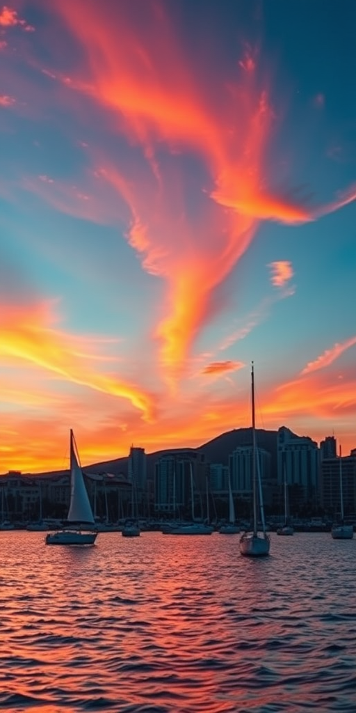 generate a vibrant sunset over a coastal city skyline with sailboats in the foreground using a DSLR camera, 24mm lens, f/8 aperture, ISO 200, 1/125 second exposure, HDR style, wide-angle view, capturing rich colors and details in the sky and water