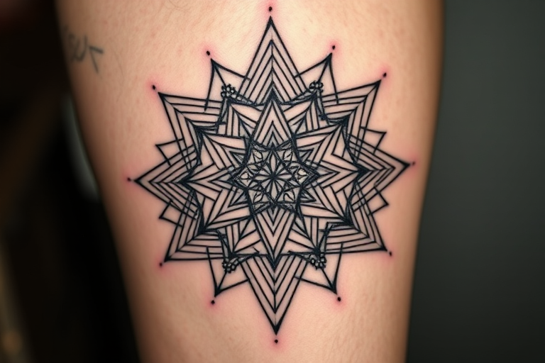 Geometric blackwork tattoo called "Sacred Symmetry" showcasing precise lines and shapes forming complex patterns and optical illusions, with dotwork shading and sacred geometry principles incorporated into the design