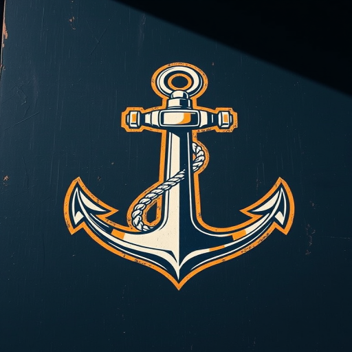 Create a high-resolution image of a vintage anchor design with detailed line work, shot with a Canon EOS R5 at f/8, ISO 100, and a 50mm lens, using natural lighting to enhance shadow and depth.
